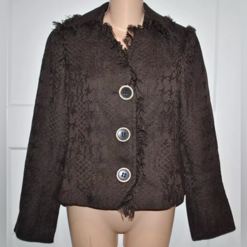 ESCADA Sport Fringe Trim Basket Weave Brown Jacket Blazer size 34 (S)